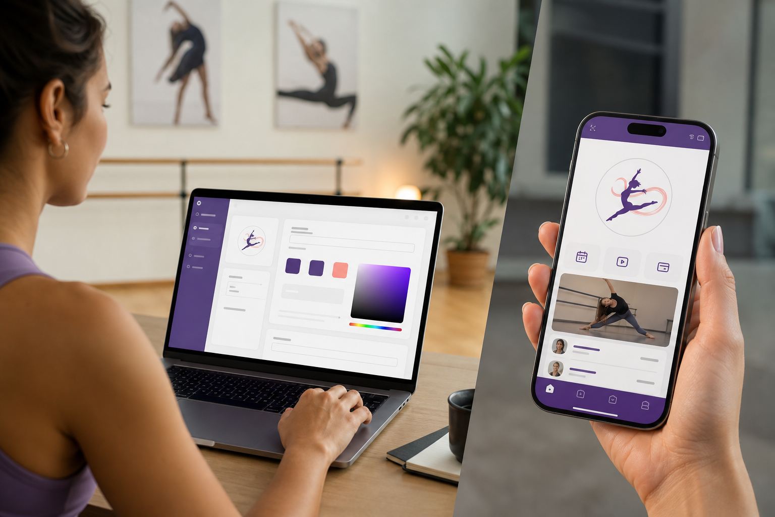 Gestor personalizando logo e cores no painel e vendo o app do aluno com a marca do estúdio